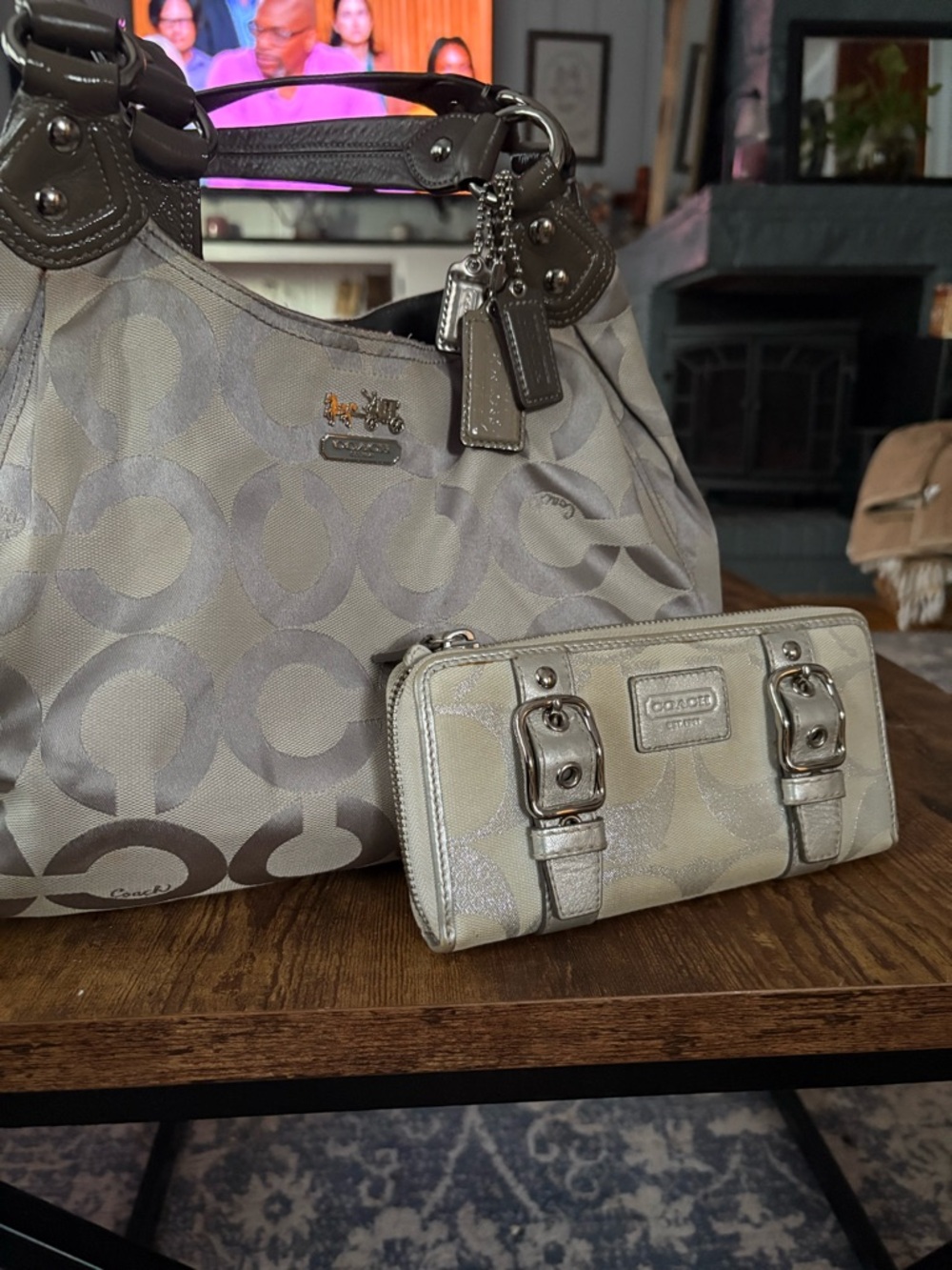 Coach Signature Tote and Wallet in Light Gray and Silver